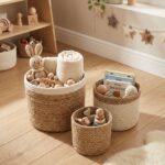 Set de 3 cestas de mimbre natural y blanco - Imagen 3