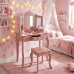 Tocador y taburete infantil rosa - Imagen 3