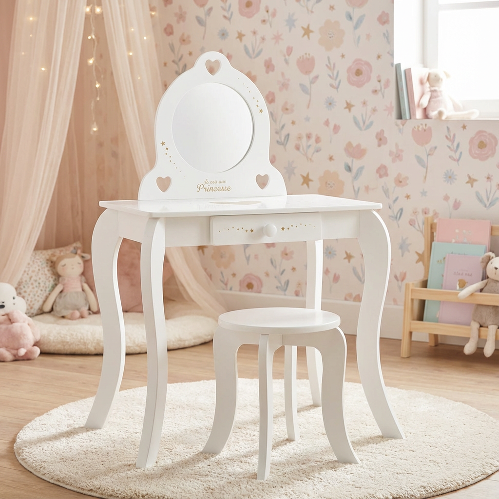 freepik__coloca-este-tocador-infantil-de-madera-en-una-enca__40775 Tocador y taburete infantil blanco - Imagen 1