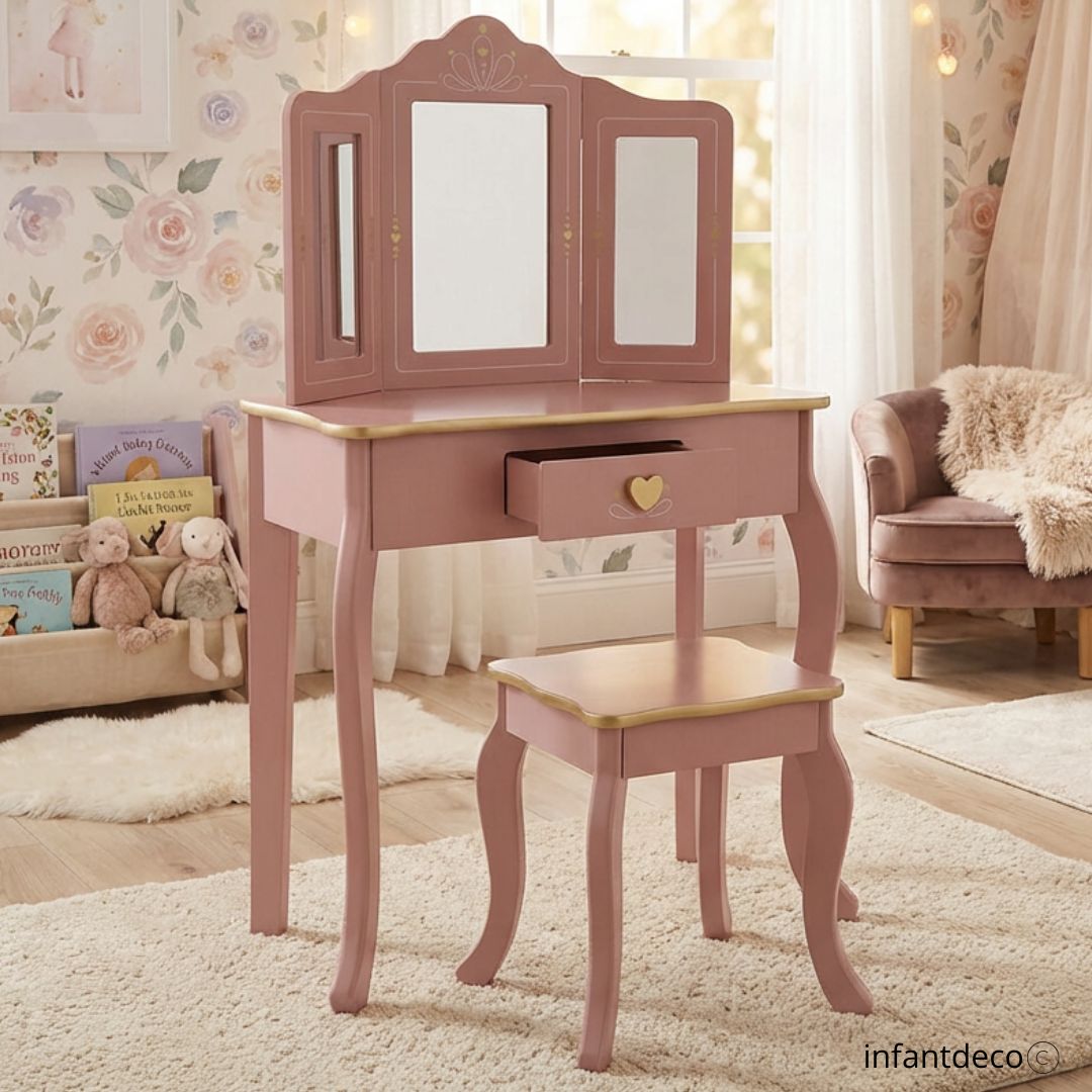 perchero casita infantdeco Tocador y taburete infantil rosa - Imagen 1