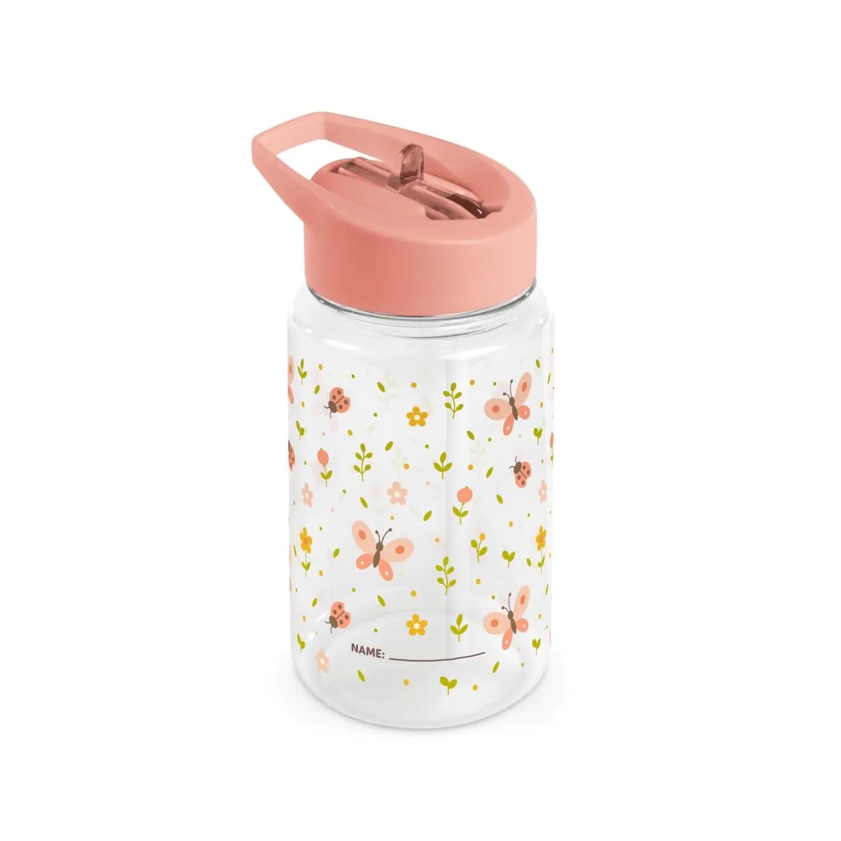 imgi_27_5005089714_1_4382 Clear plastic water bottle with pink lid featuring a floral butterfly pattern and a space to write a name