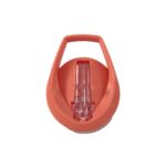 Orange pill splitter with a clear plastic blade cover and curved handle in a compact design.