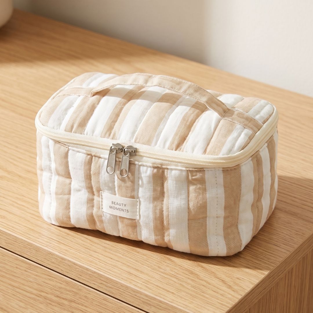 1 Neceser de Algodón Vanity Beige con rayas anchas - Imagen 1