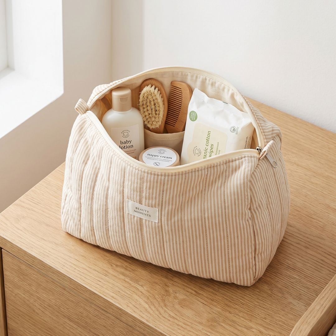 5 Neceser de Algodón Beige con rayas finas pequeño - Imagen 1
