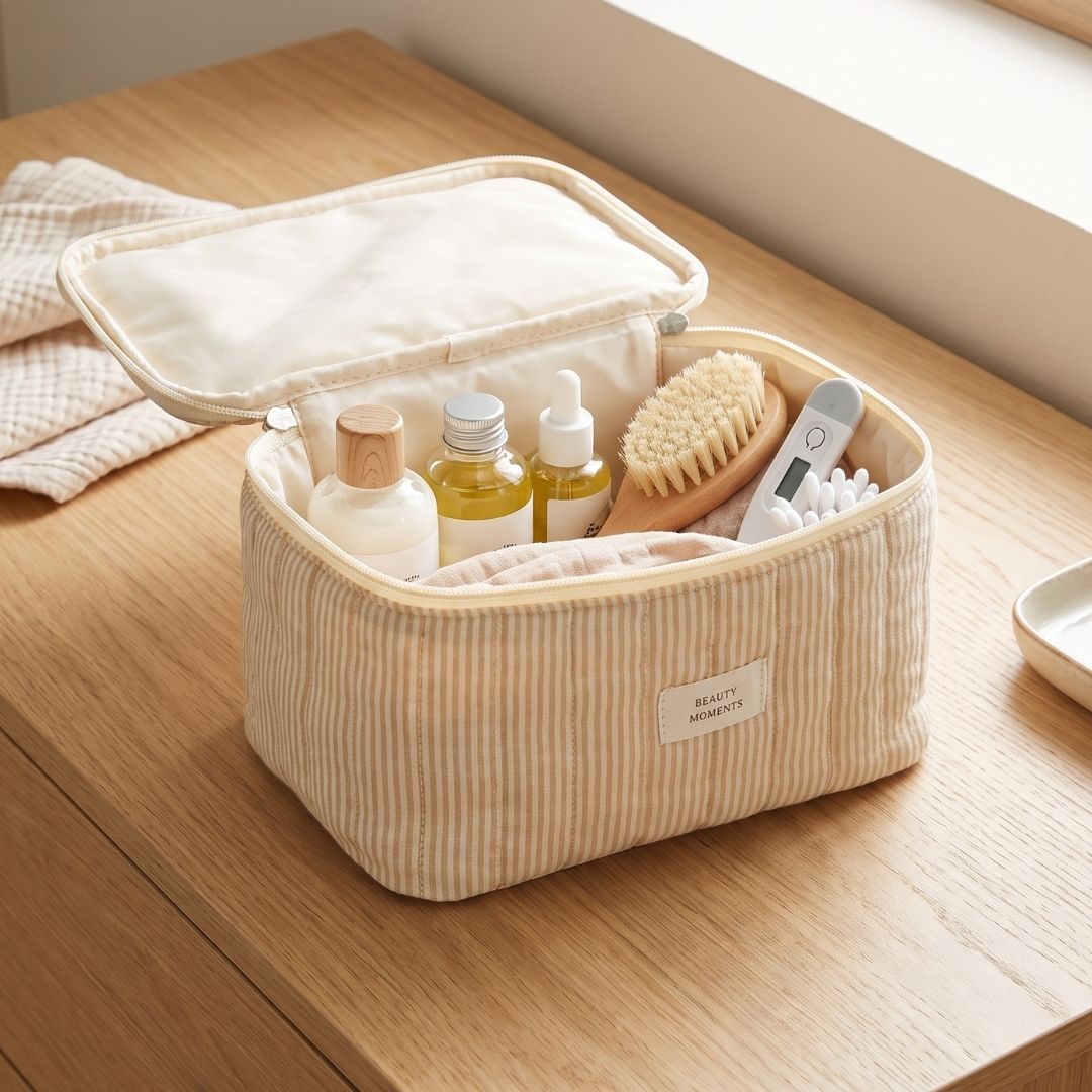 6 Neceser de Algodón Vanity Beige con rayas finas - Imagen 1