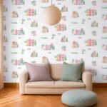 Papel pintado infantil casitas y palmeras multicolor - Imagen 2