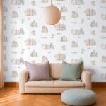 Papel pintado infantil casitas y palmeras rosa - Imagen 2