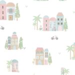 Papel pintado infantil casitas y palmeras rosa