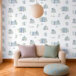 Papel pintado infantil casitas y palmeras azul - Imagen 2