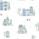 Papel pintado infantil casitas y palmeras azul