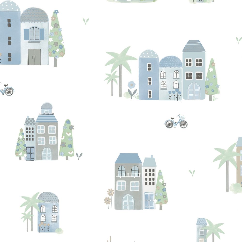 Diseño sin título - 2026-09-25T091254.992 Papel pintado infantil casitas y palmeras azul - Imagen 1