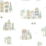 Papel pintado infantil casitas y palmeras beige