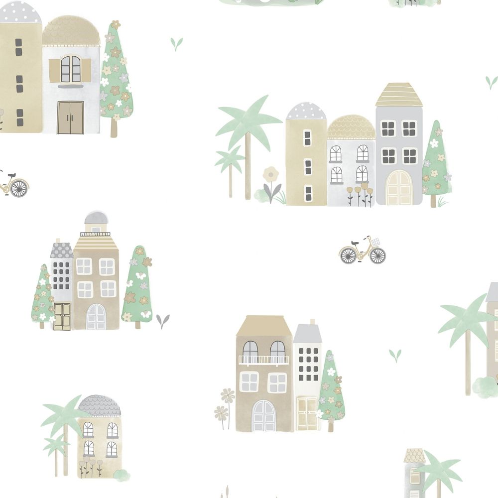 Diseño sin título - 2026-09-25T091318.032 Papel pintado infantil casitas y palmeras beige - Imagen 1
