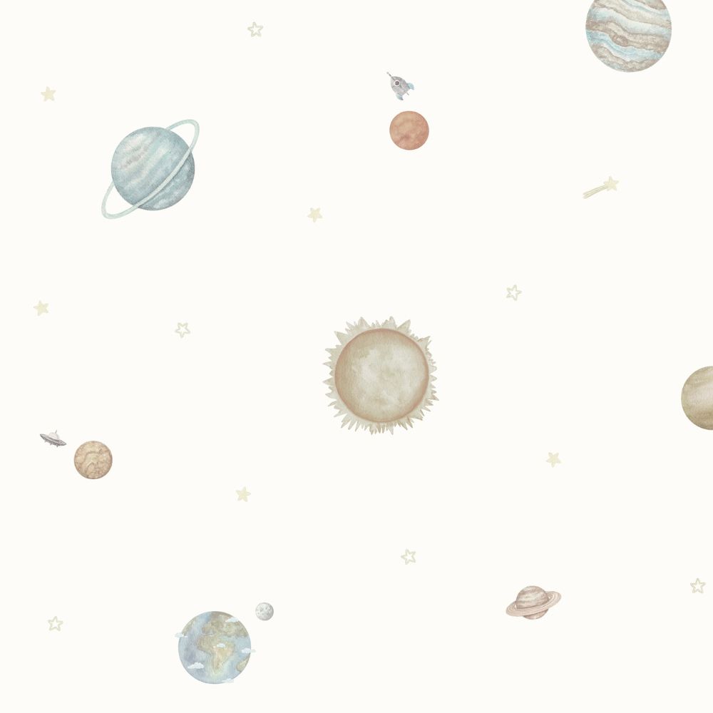 Diseño sin título - 2026-09-25T091420.542 Papel pintado infantil sistema solar blanco - Imagen 1