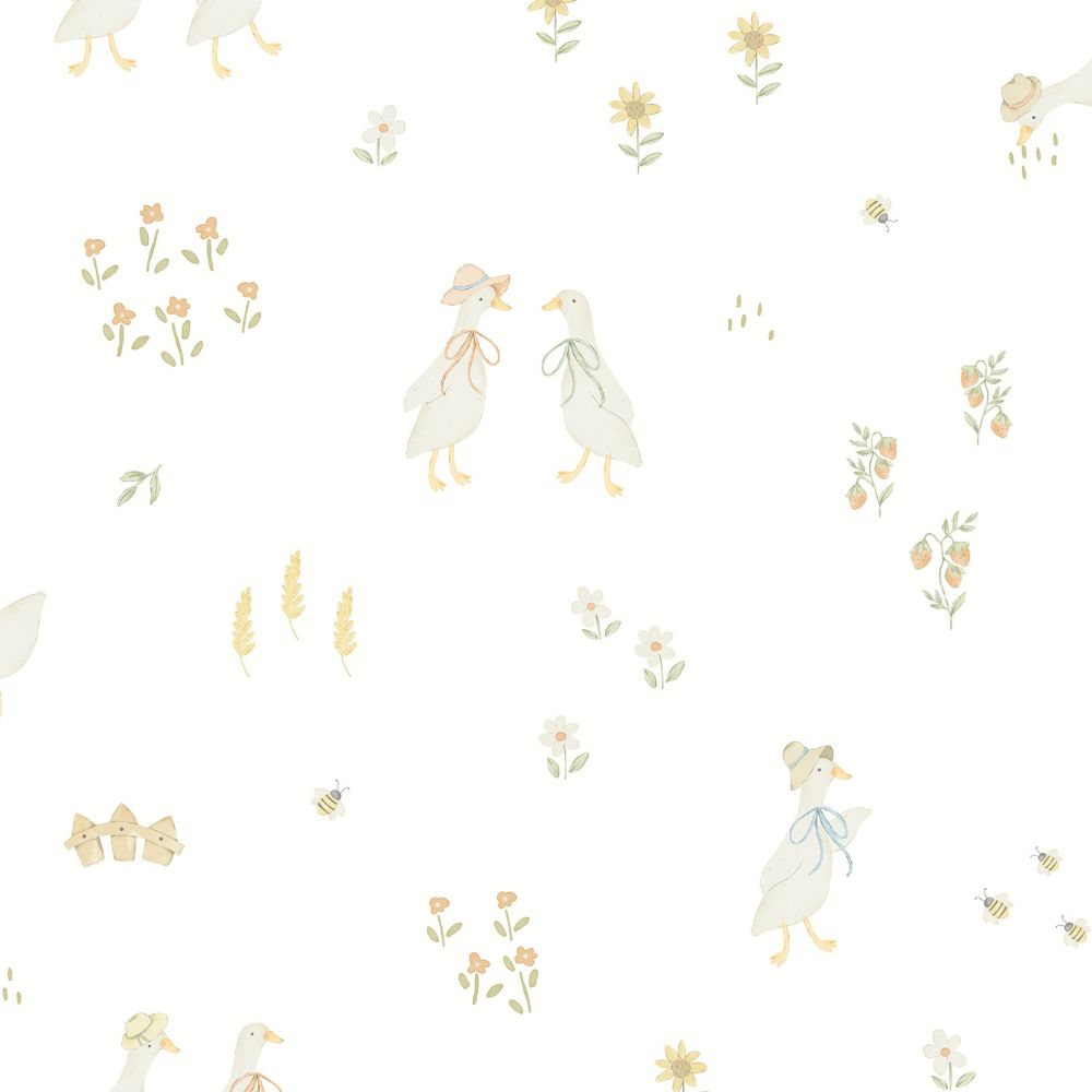 Diseño sin título - 2026-09-25T091619.532 Papel pintado infantil ocas y flores blanco - Imagen 1