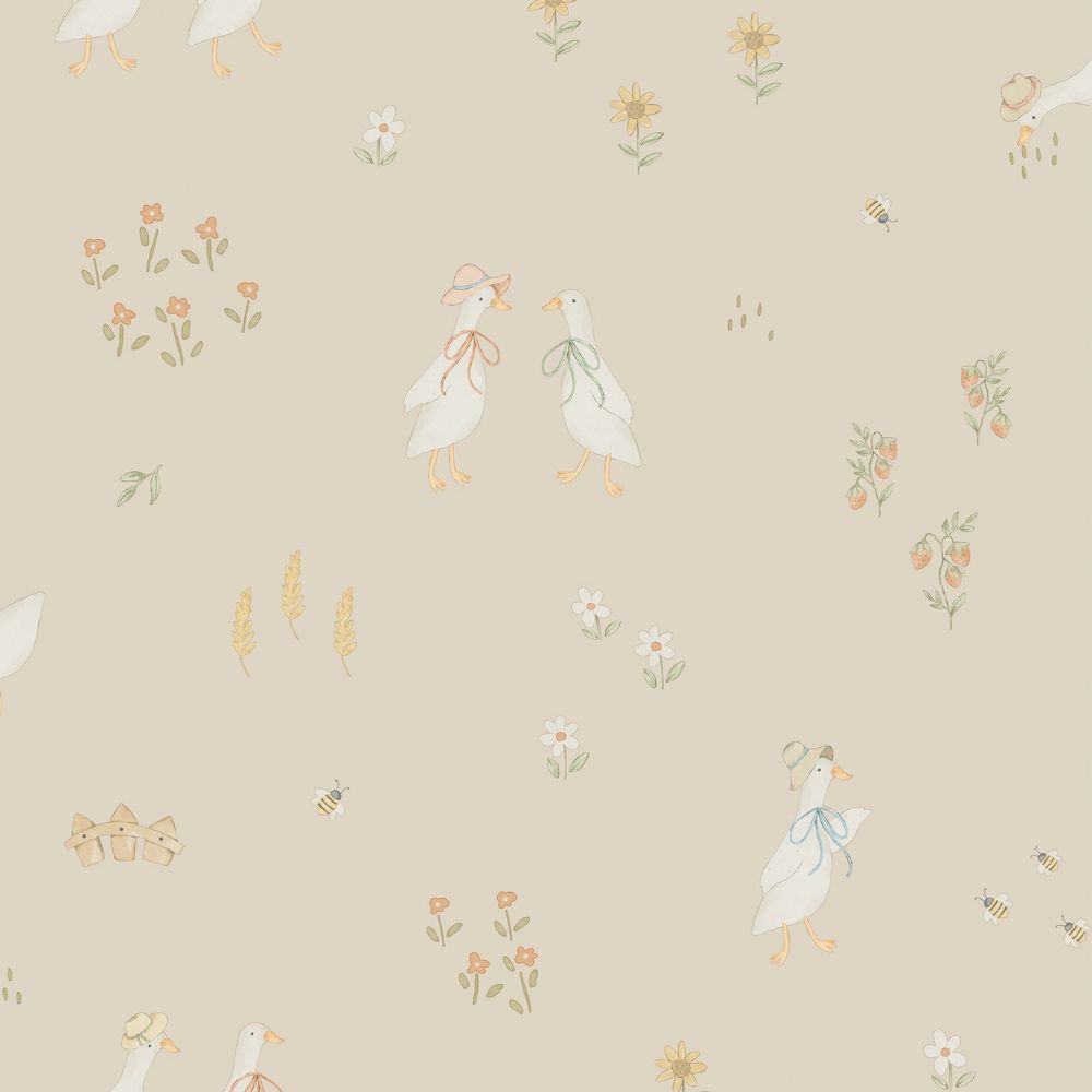 Diseño sin título - 2026-09-25T091712.599 Papel pintado infantil ocas y flores beige - Imagen 1