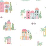 Papel pintado infantil casitas y palmeras multicolor