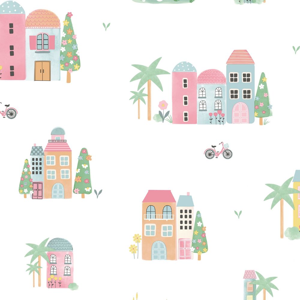 Diseño sin título - 2026-09-25T101817.229 Papel pintado infantil casitas y palmeras multicolor - Imagen 1